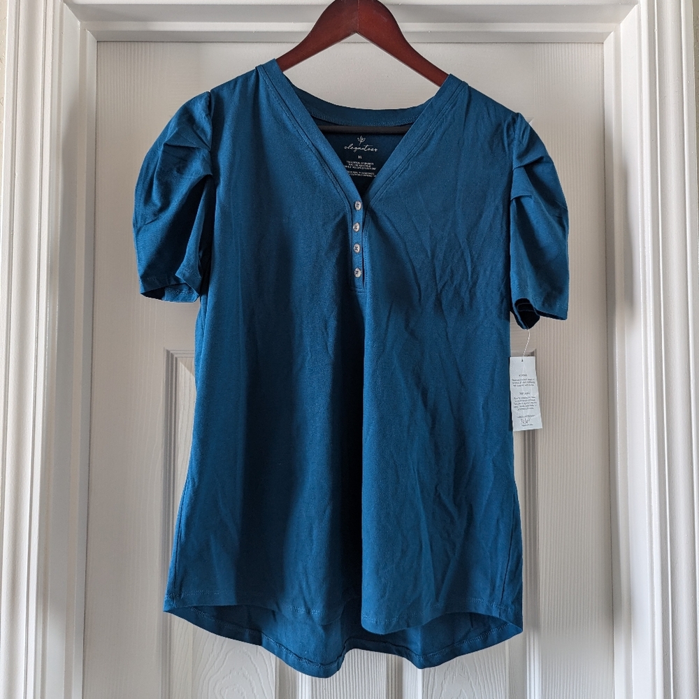 NWT Elegantees Monet puff sleeve henley in tidal teal - Picture 2 of 5